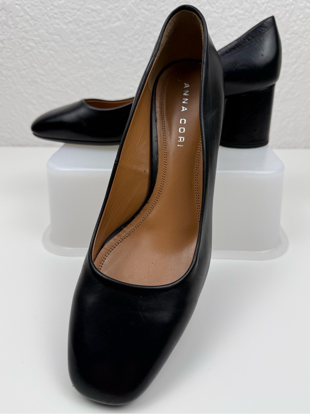 Anna Cori | Style 4467 | Black Calf Leather Block Heel Pumps | US 7.5 / EU 38